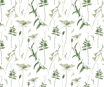 Botanical illustration with green background, featuring various delicate flowers and leaves.